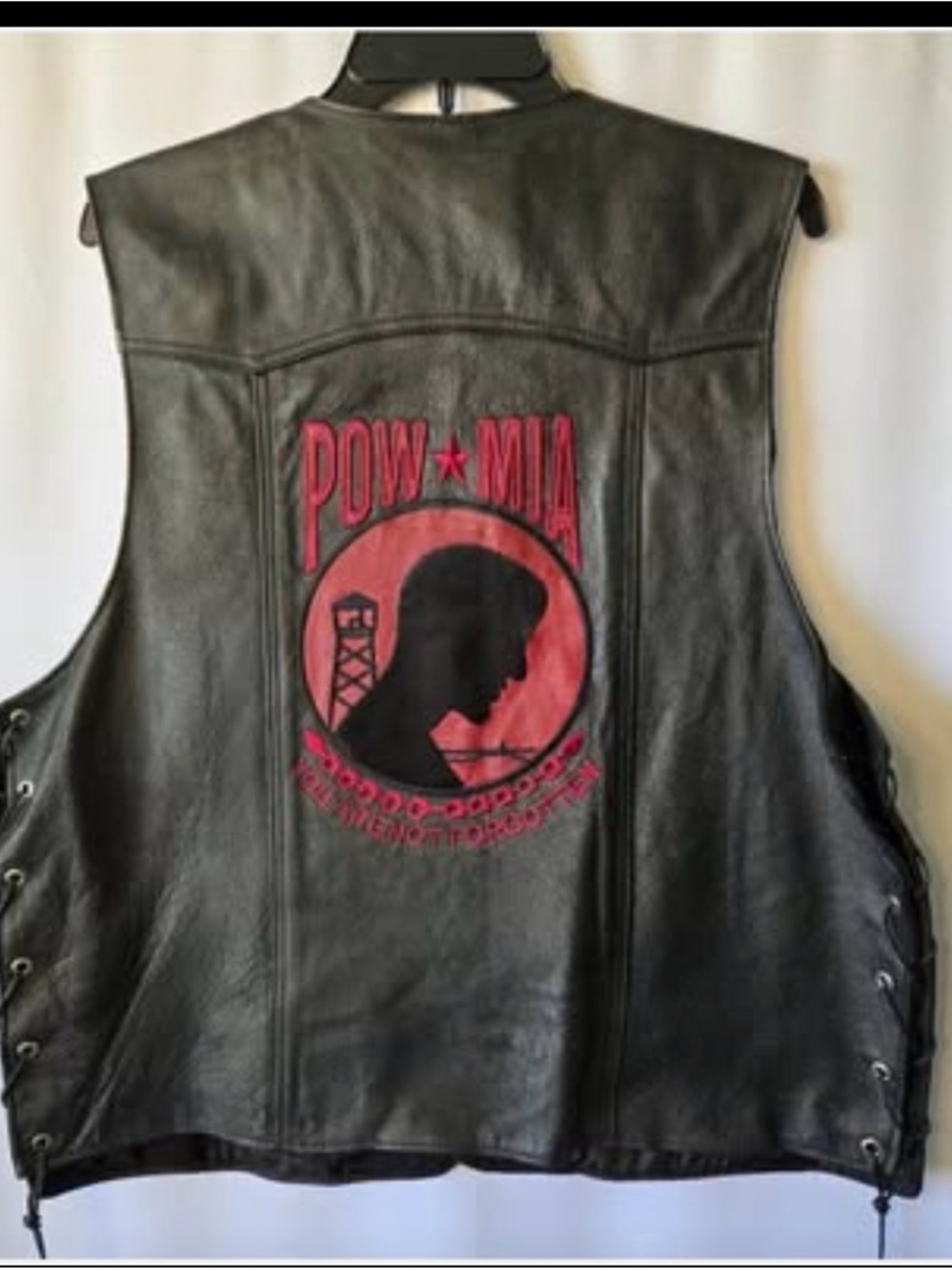 POW MIA Leather Vest Mens Large Black Side Lace Snap Biker Motorcycle Red Patch